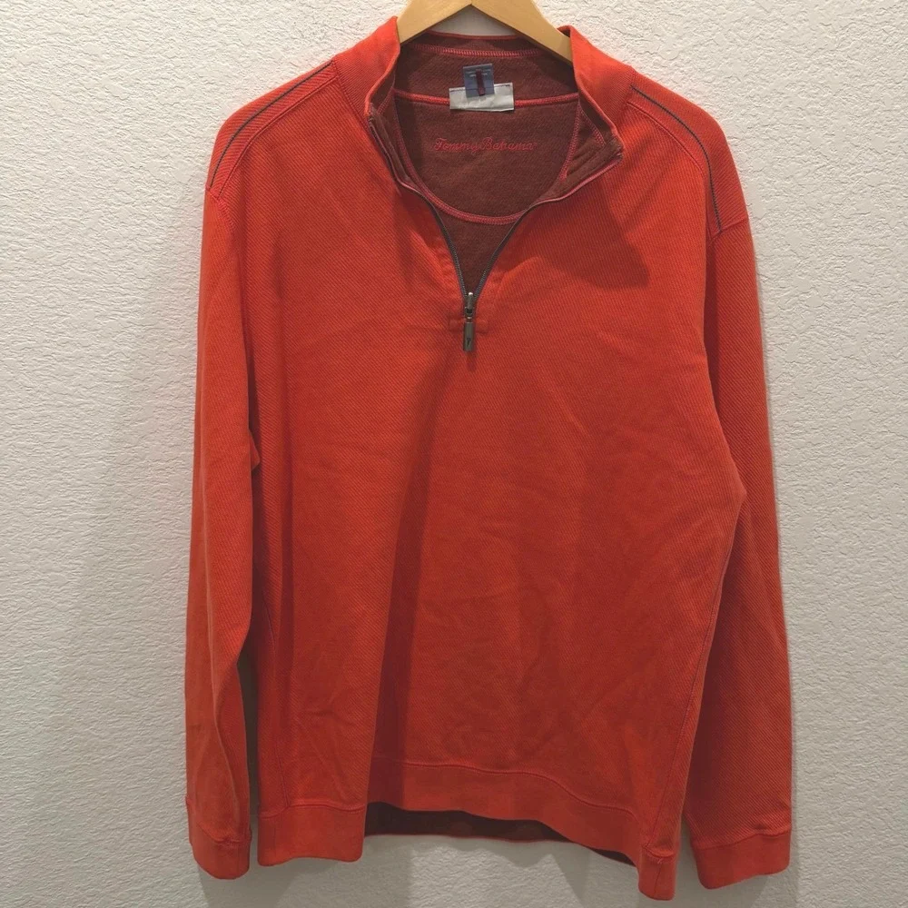 Tommy Bahama Mens Reversible Quarter Zip Pullover Orange Burgundy Cotton Large